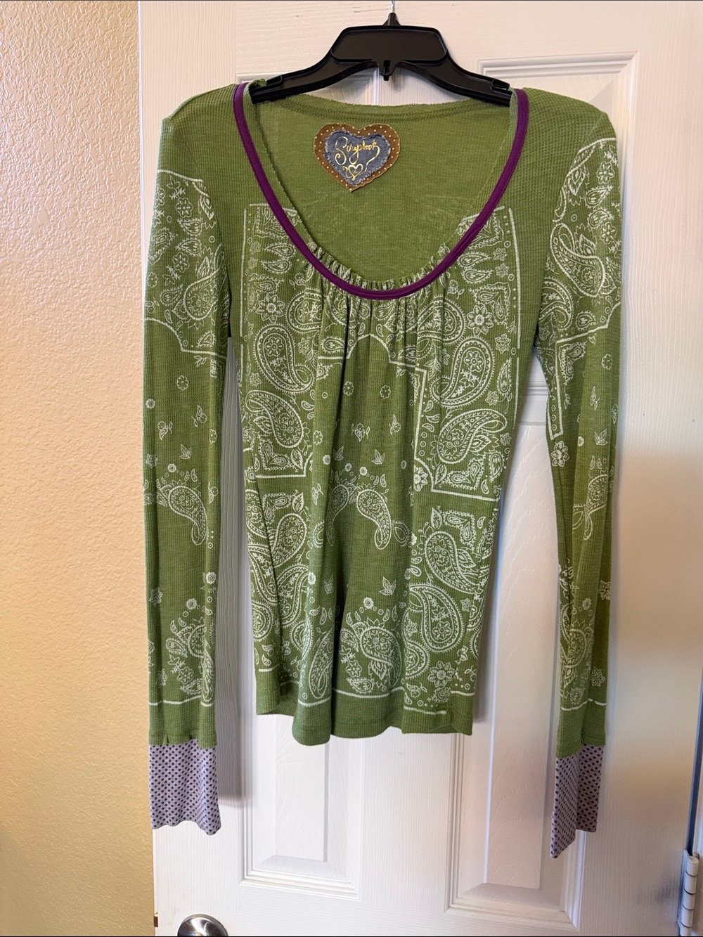 Scrapbook Green Paisley Long-Sleeve Scoop Neck Top with Purple Trim